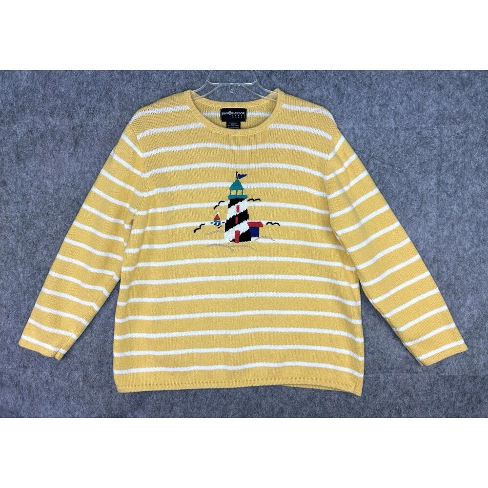 Vtg Sag Harbor Sport Women’s Lighthouse Nautical Yellow Striped Sweater 1X